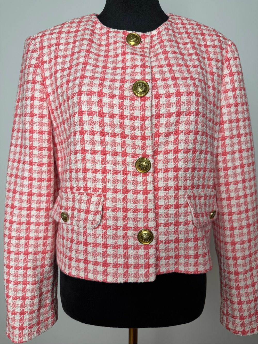 Zara Pink and White Houndstooth Boxy Blazer with Gold Buttons NWT M